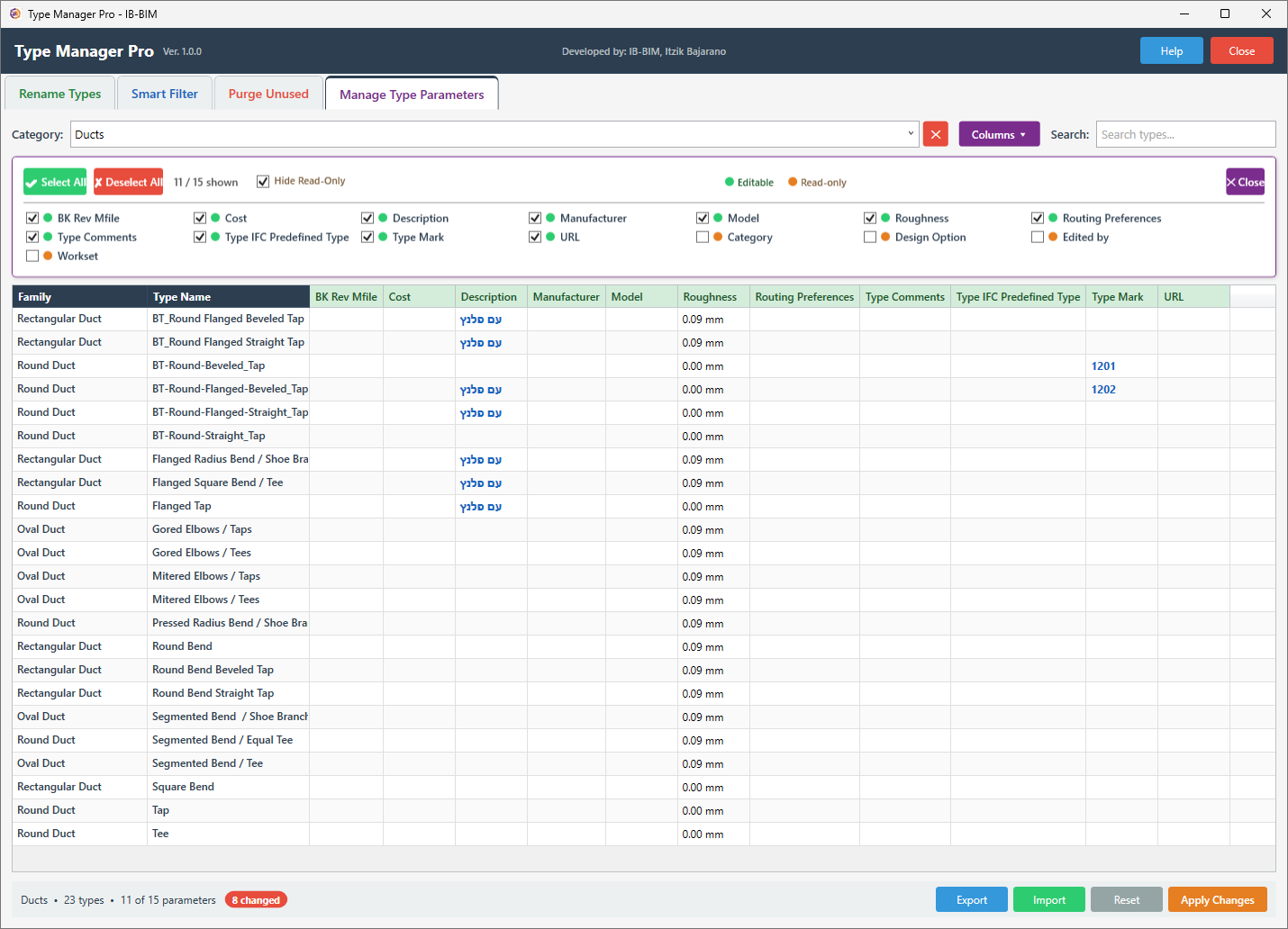 Manage Type Parameters tab